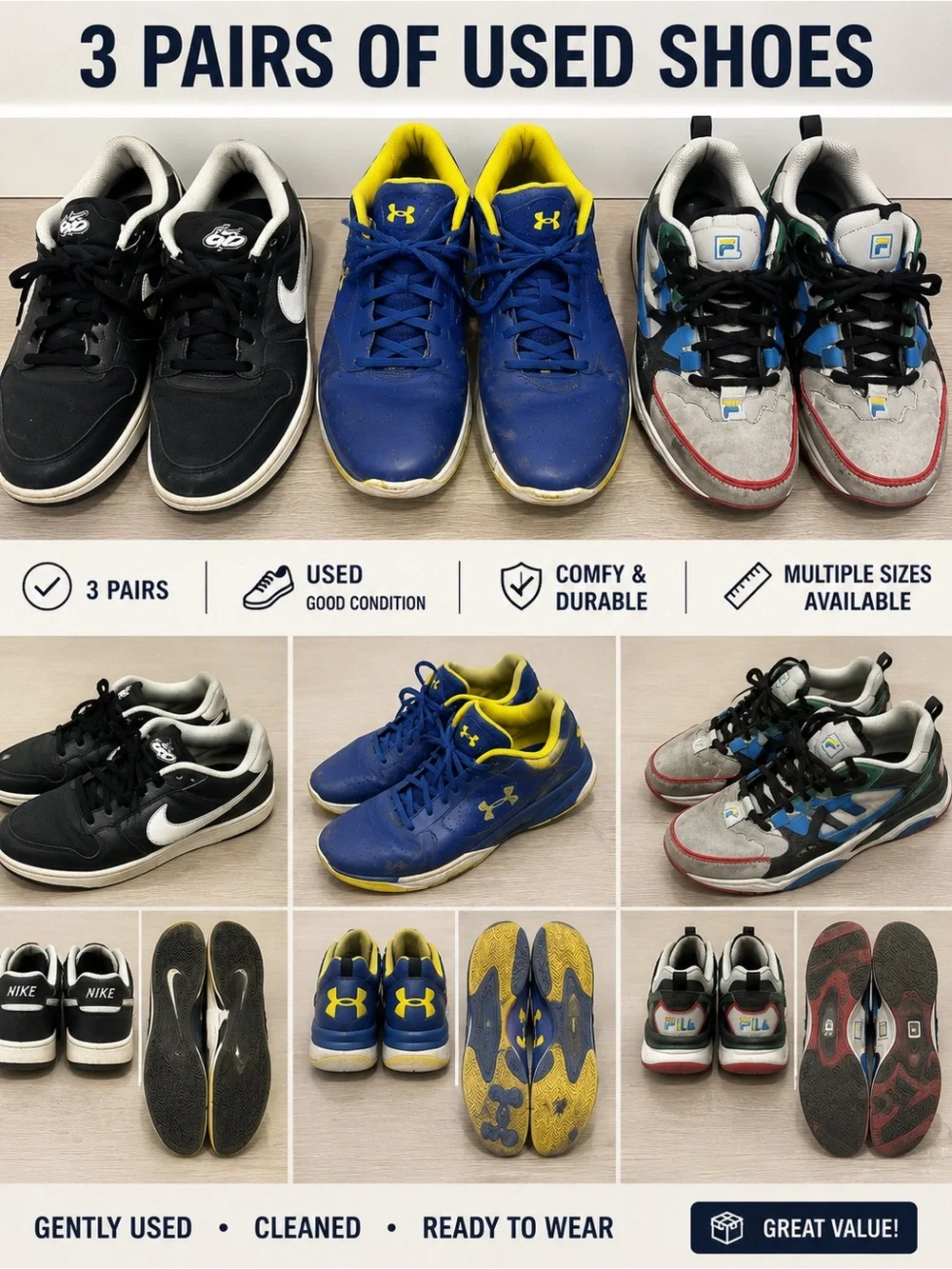 3 pairs of used kids shoes-Nike Kids Blue & Yellow Basketball Sneakers & black